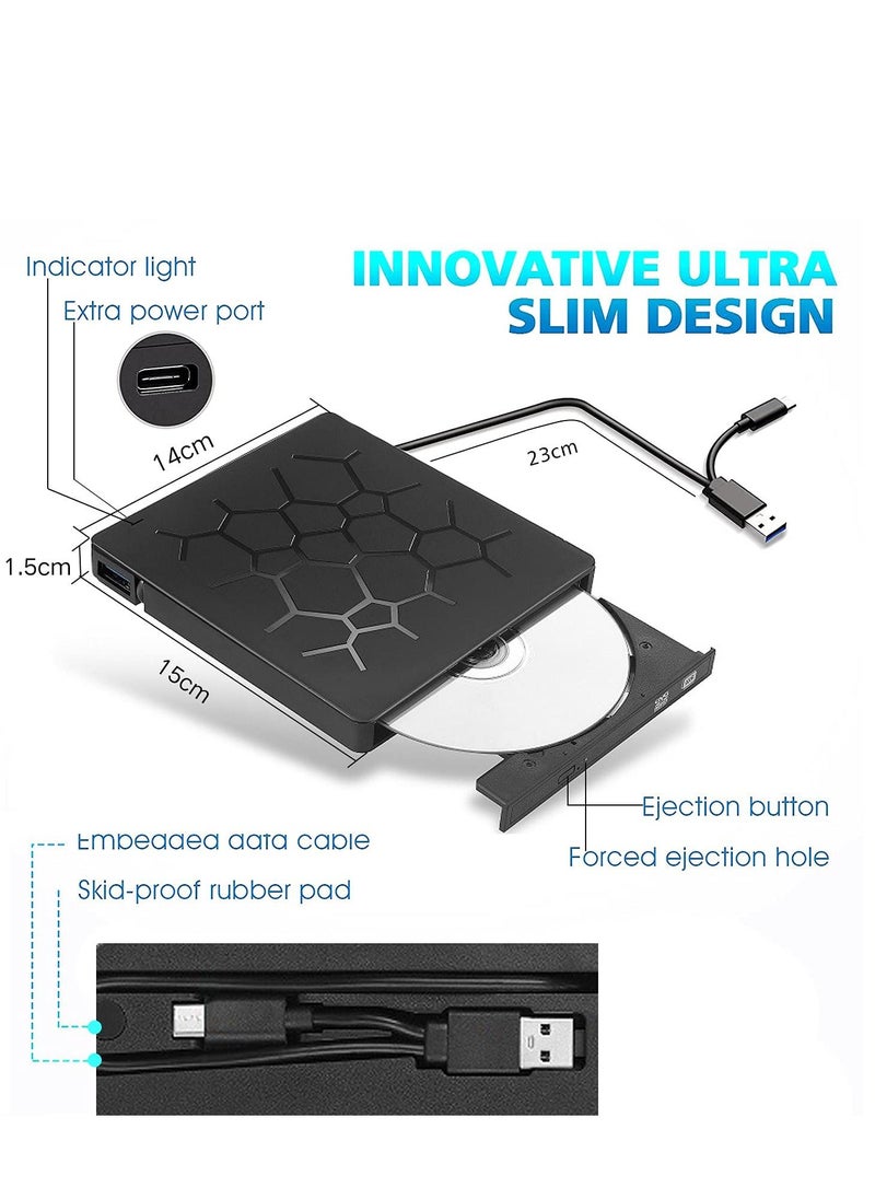 Arabest External DVD Drive, USB 3.0 CD DVD Burner for Laptop, Type-C CD/DVD ROM +/-RW Optical Disk Drive, Ultra Slim with 4 USB Ports and 2 SD Card Slots, for Mac, PC Windows 11/10/8/7 Linux OS  - Image 2