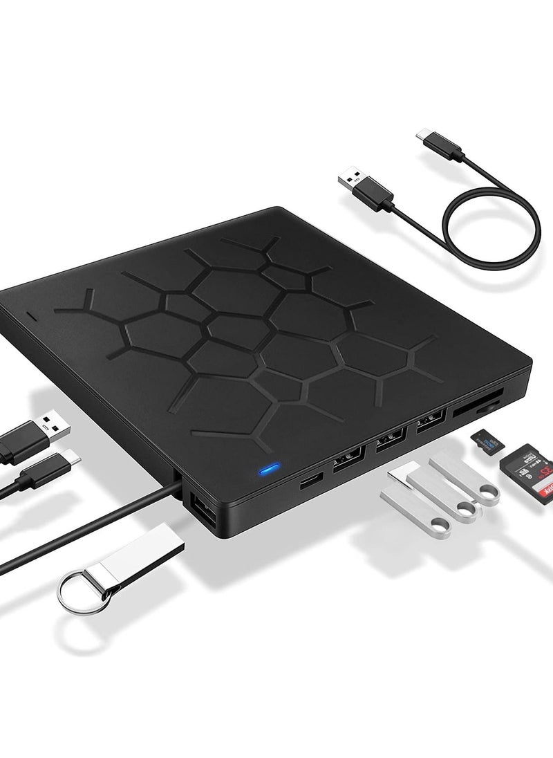 Arabest External DVD Drive, USB 3.0 CD DVD Burner for Laptop, Type-C CD/DVD ROM +/-RW Optical Disk Drive, Ultra Slim with 4 USB Ports and 2 SD Card Slots, for Mac, PC Windows 11/10/8/7 Linux OS  - Image 1