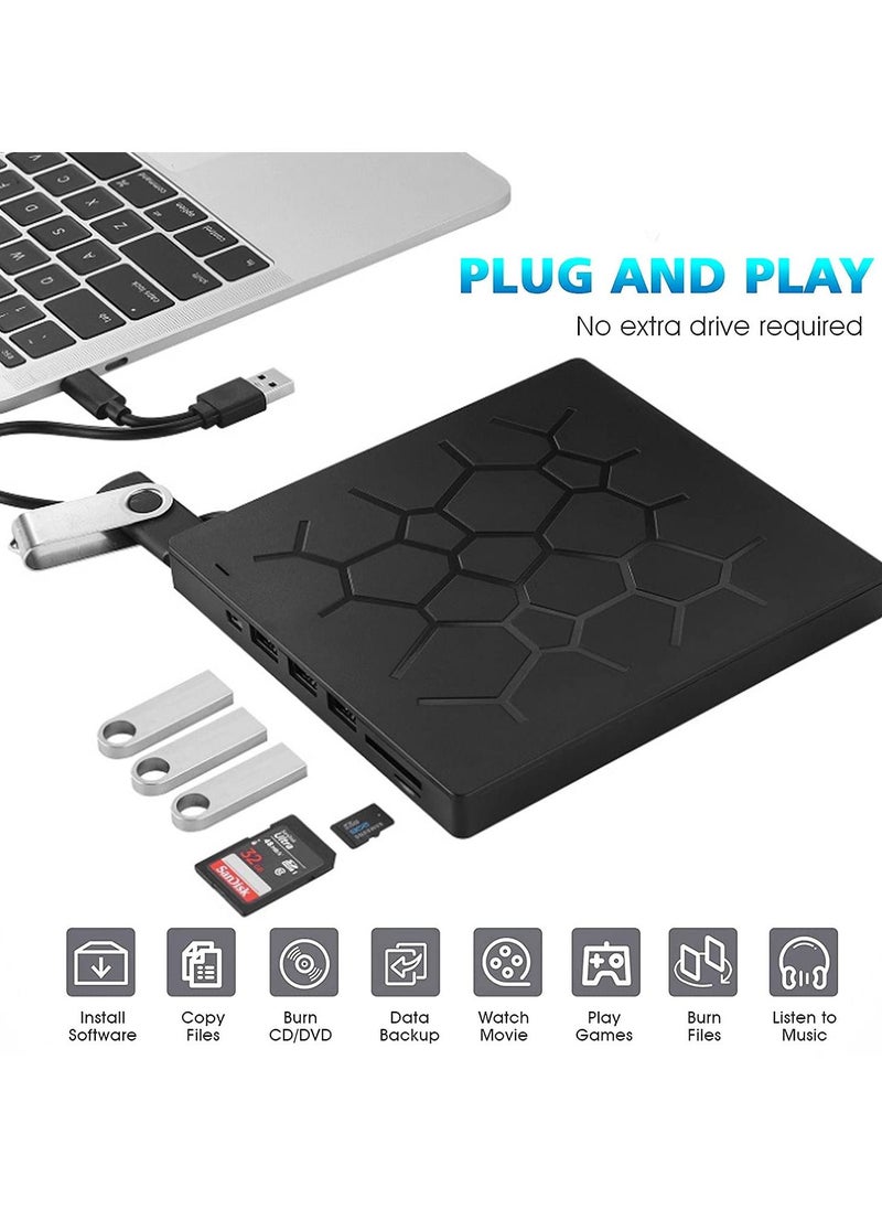 Arabest External DVD Drive, USB 3.0 CD DVD Burner for Laptop, Type-C CD/DVD ROM +/-RW Optical Disk Drive, Ultra Slim with 4 USB Ports and 2 SD Card Slots, for Mac, PC Windows 11/10/8/7 Linux OS  - Image 3