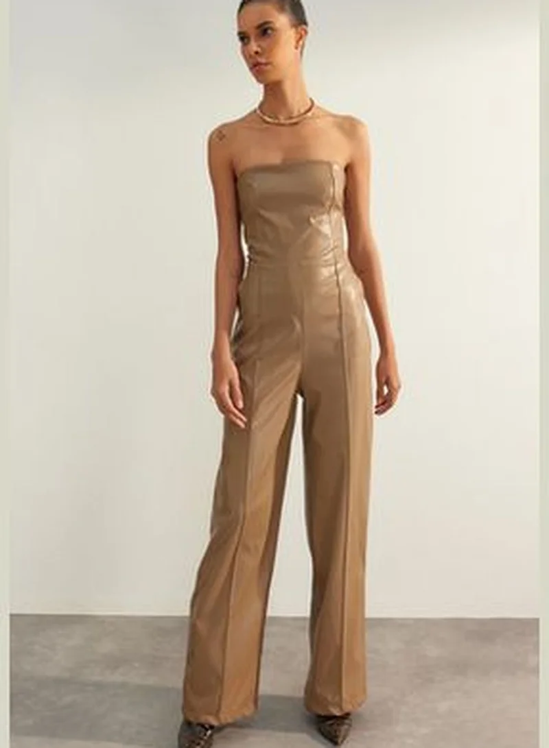 trendyol Mink Premium Faux Leather Strapless Woven Overalls TWOAW24TU00027