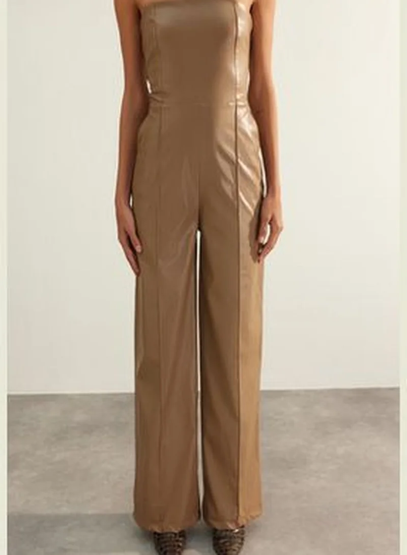 trendyol Mink Premium Faux Leather Strapless Woven Overalls TWOAW24TU00027