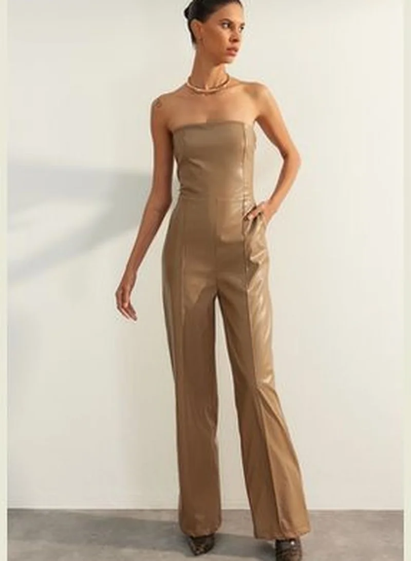 trendyol Mink Premium Faux Leather Strapless Woven Overalls TWOAW24TU00027