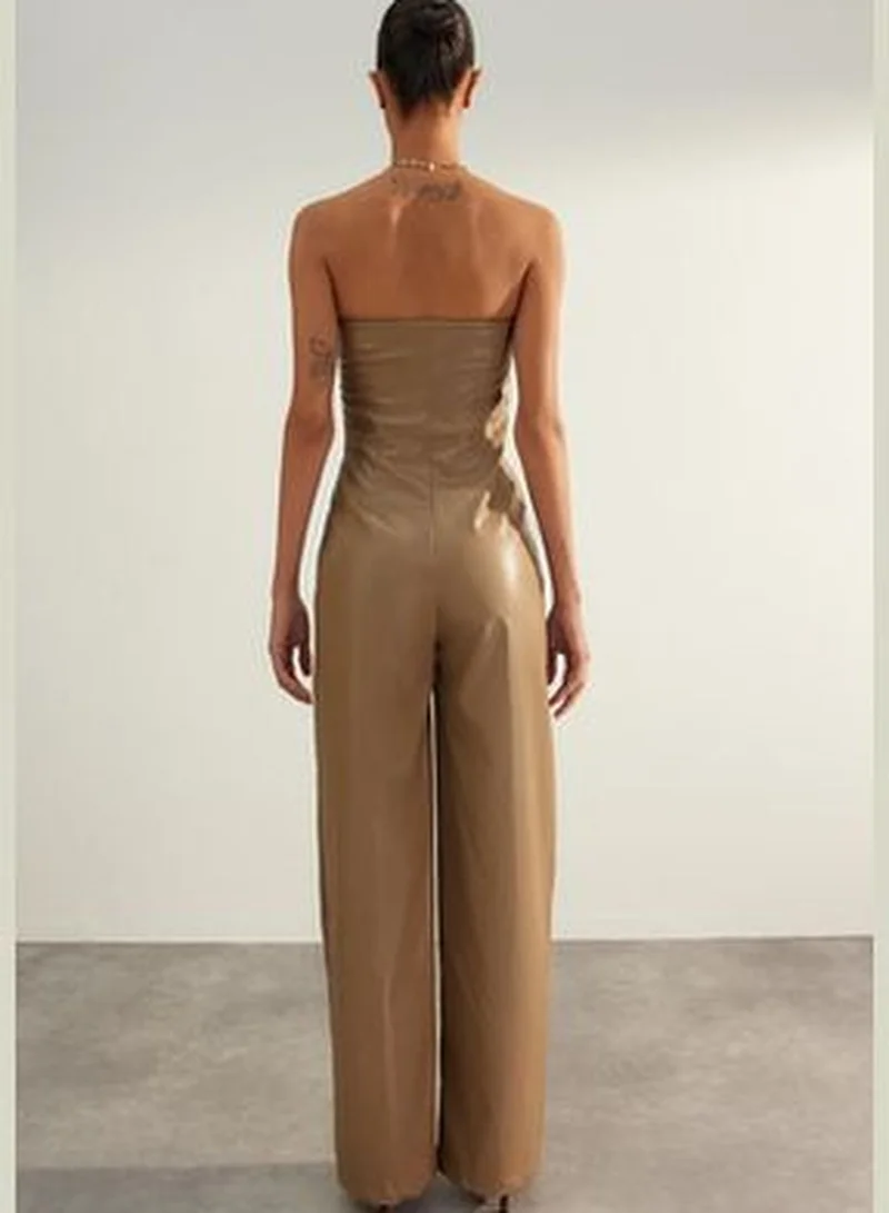 trendyol Mink Premium Faux Leather Strapless Woven Overalls TWOAW24TU00027