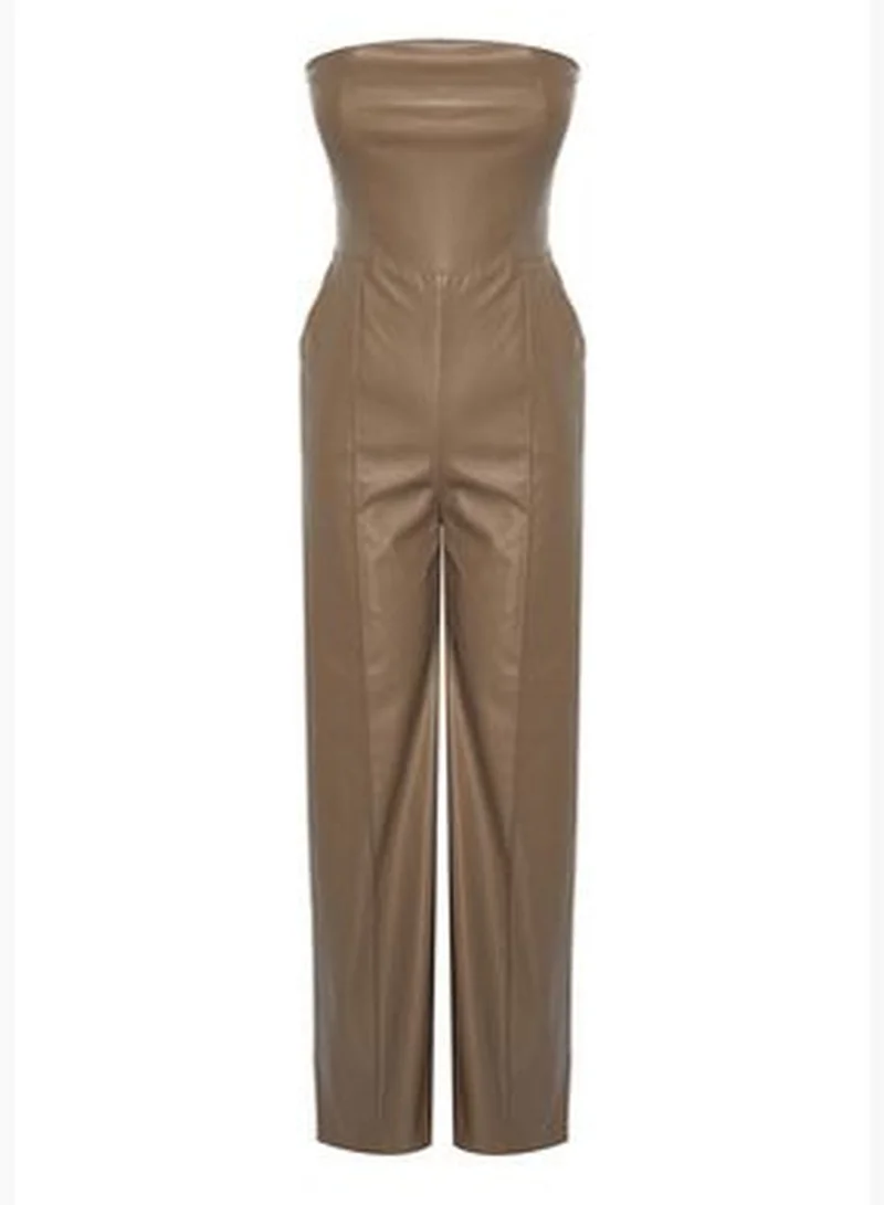 trendyol Mink Premium Faux Leather Strapless Woven Overalls TWOAW24TU00027