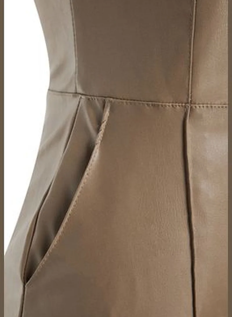 trendyol Mink Premium Faux Leather Strapless Woven Overalls TWOAW24TU00027