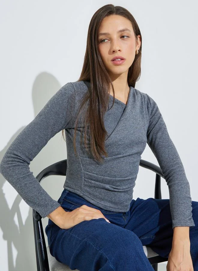 ستايلي Grey Solid Side Gathered Detail Wrap Knit Top