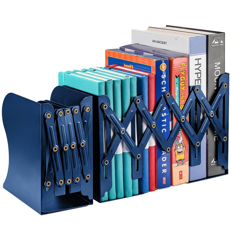 OMEYA Adjustable Bookends, Metal Book Ends for Heavy Book, 2 Dividers, Nonslip Book Stander for Desk, Shelf, Office, Stationery Gift, Extends up to 19 inches (2PCS, Blue) - Image 1