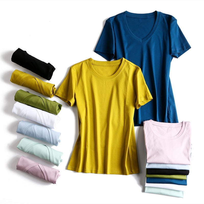 ! It Feels Good To Burst 15 Colors V Neck/Round Neck Mercerized Cotton Pure Color Short-Sleeved Basic T-Shirt For Women - Image 2
