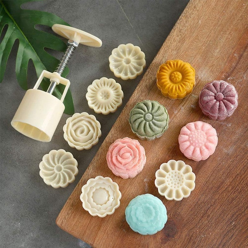 PIXRIY Mooncake Mold with 6 StampsMidAutumn Festival HandPressure Flower Moon Cake Mould 50g DIY Decoration Mooncake Press Molds
