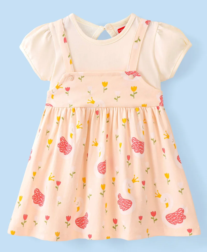 babyhug Babyhug 100% Cotton Half Sleeves Frock Flower Print - Peach