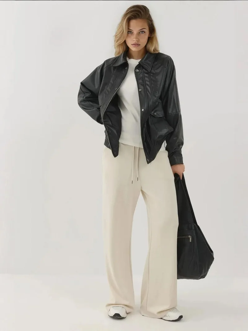 Hiccup Black Oversized Faux Leather Jacket with Pockets for Women | Best Price UAE