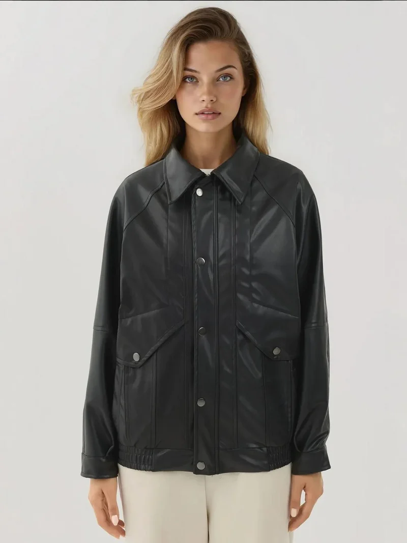 Hiccup Black Oversized Faux Leather Jacket with Pockets for Women | Best Price UAE