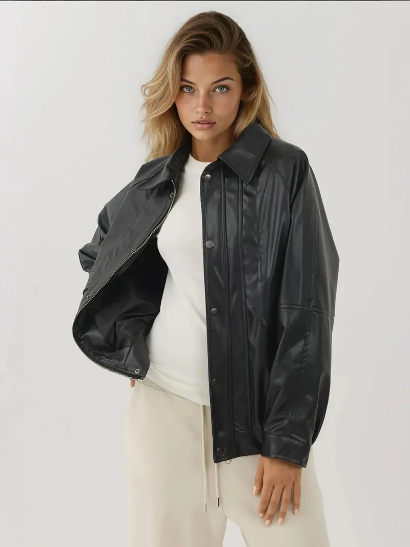 Hiccup Black Oversized Faux Leather Jacket with Pockets for Women | Best Price UAE