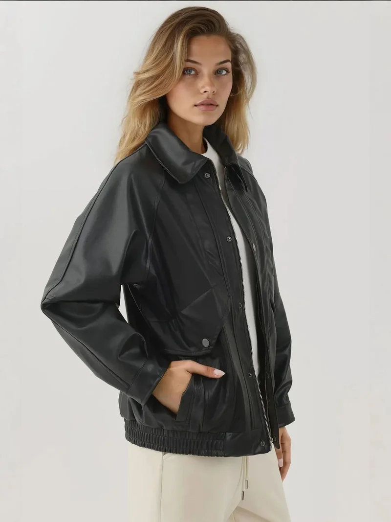 Hiccup Black Oversized Faux Leather Jacket with Pockets for Women | Best Price UAE