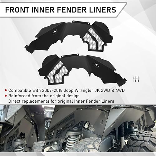 ECOTRIC Front Inner Fender Liners Compatible with 20072018 Jeep Wrangler JK  JKU Unlimited 24 Door Wheel Well Liners Mud Guards with Mesh Lightweight Aluminum Black - Image 4