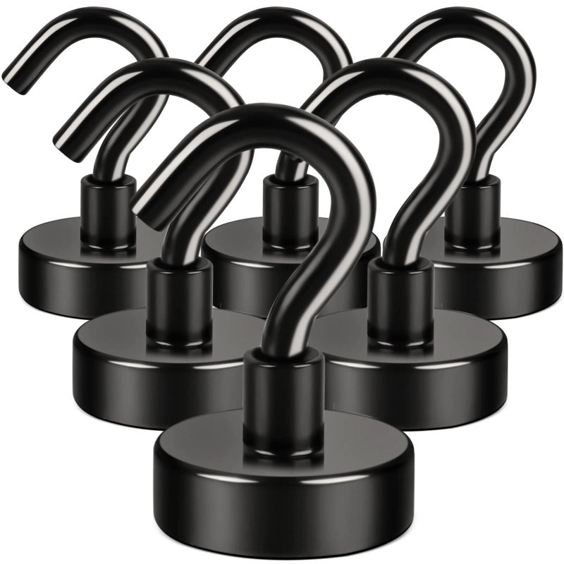 E BAVITE Black Magnetic Hooks 30LB Strong Neodymium Magnet Hook for Cruise Grill Towel Indoor Hanging Kitchen Workplace Office and Garage 6 Pack