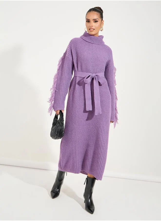 Styli Oversized Fringe Detail Turtle Neck Midi Dress