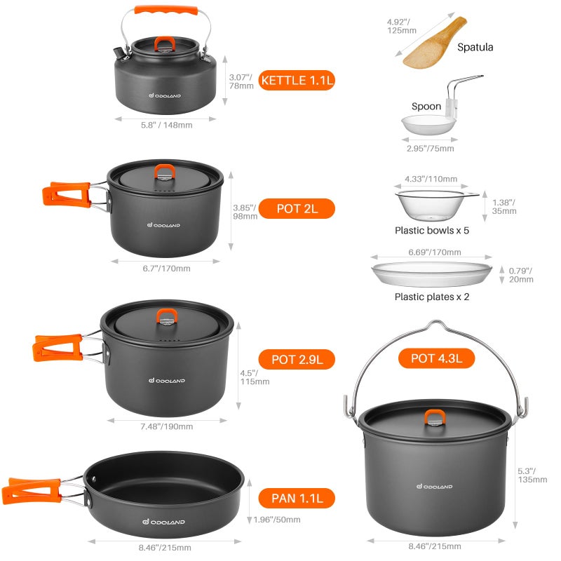 Odoland 18pcs Camping Cookware Large Size Hanging Pot Pan Kettle Set with Plastic Plates Bowls Soup Spoon for Camping, Backpacking, Outdoor Cooking and Picnic - Image 3