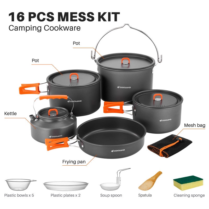 Odoland 18pcs Camping Cookware Large Size Hanging Pot Pan Kettle Set with Plastic Plates Bowls Soup Spoon for Camping, Backpacking, Outdoor Cooking and Picnic - Image 4
