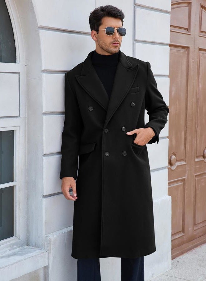 Runcati Mens Wool Blend Casual Trench Coat Notched Collar Lapel Long Jacket Peacoat Double Breasted Classic Winter Overcoat, Black, L - Image 4