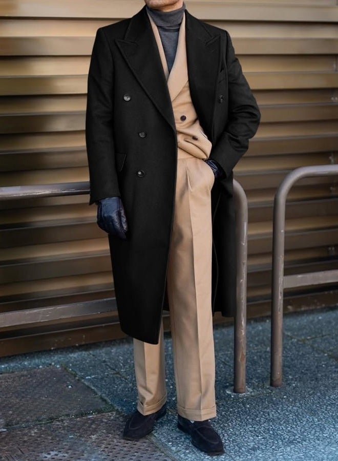 Runcati Mens Wool Blend Casual Trench Coat Notched Collar Lapel Long Jacket Peacoat Double Breasted Classic Winter Overcoat, Black, L - Image 3