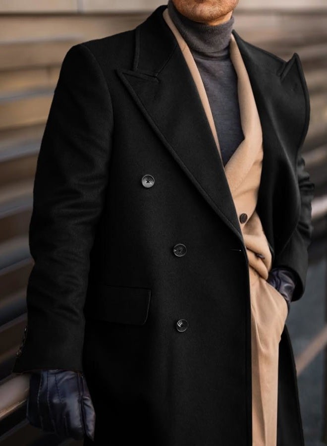 Runcati Mens Wool Blend Casual Trench Coat Notched Collar Lapel Long Jacket Peacoat Double Breasted Classic Winter Overcoat, Black, L - Image 2