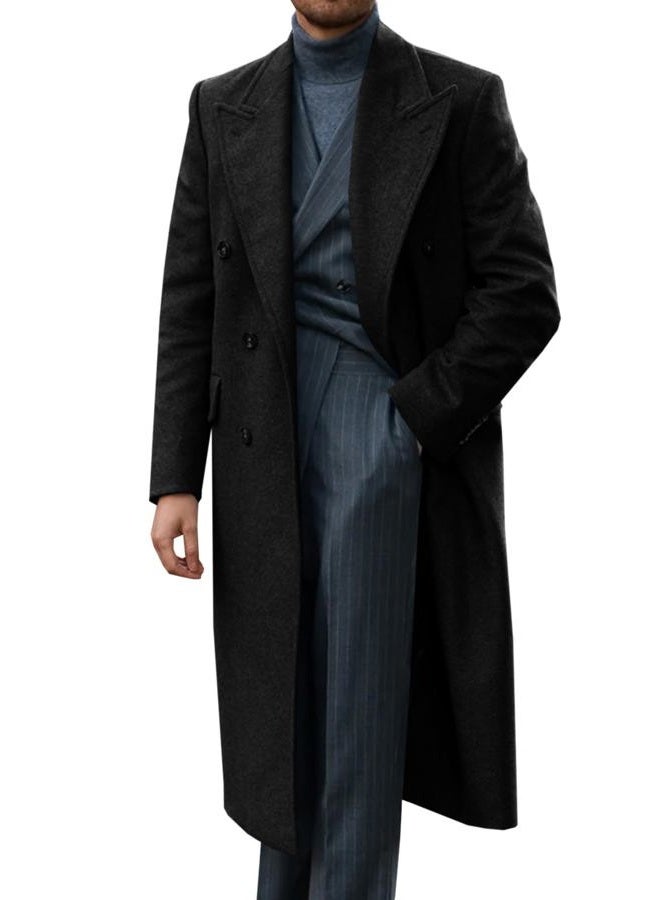Runcati Mens Wool Blend Casual Trench Coat Notched Collar Lapel Long Jacket Peacoat Double Breasted Classic Winter Overcoat, Black, L - Image 1