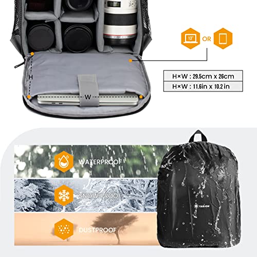 TARION Camera Bag Professional Camera Backpack Case with Laptop Compartment Waterproof Rain Cover for DSLR SLR Mirrorless Camera Lens Tripod Photography Backpack for Photographer Black TB-S(L) - Image 5