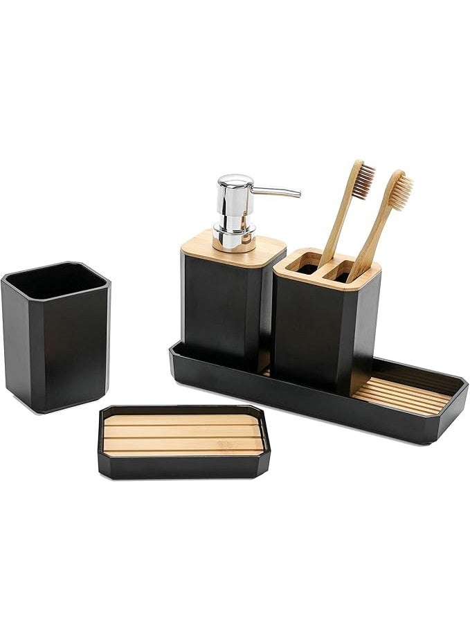 عربست طقم إكسسوارات حمام، طقم إكسسوارات حمام مكون من 5 قطع، موزع صابون، صحن صابون، حامل فرشاة أسنان، كوب فرشاة أسنان، صينية حمام بوهو، ديكور حمام عصري (أسود) - Image 2