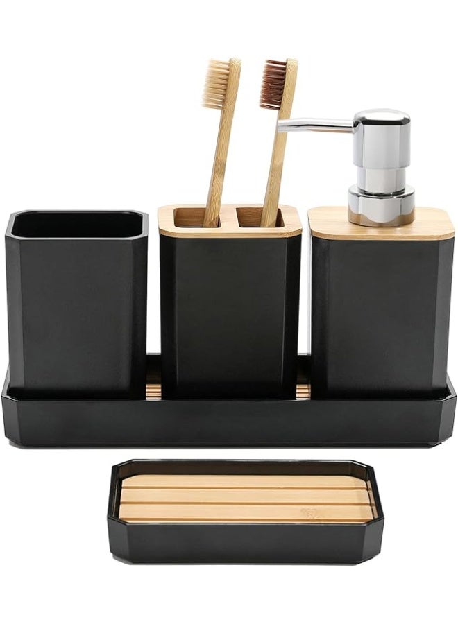 عربست طقم إكسسوارات حمام، طقم إكسسوارات حمام مكون من 5 قطع، موزع صابون، صحن صابون، حامل فرشاة أسنان، كوب فرشاة أسنان، صينية حمام بوهو، ديكور حمام عصري (أسود) - Image 1