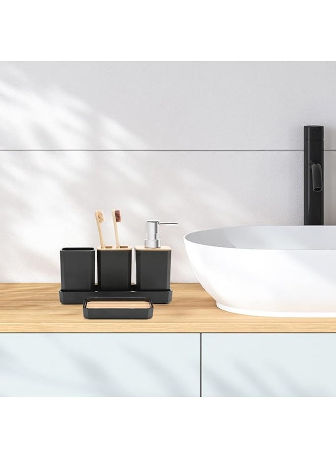 عربست طقم إكسسوارات حمام، طقم إكسسوارات حمام مكون من 5 قطع، موزع صابون، صحن صابون، حامل فرشاة أسنان، كوب فرشاة أسنان، صينية حمام بوهو، ديكور حمام عصري (أسود) - Image 4