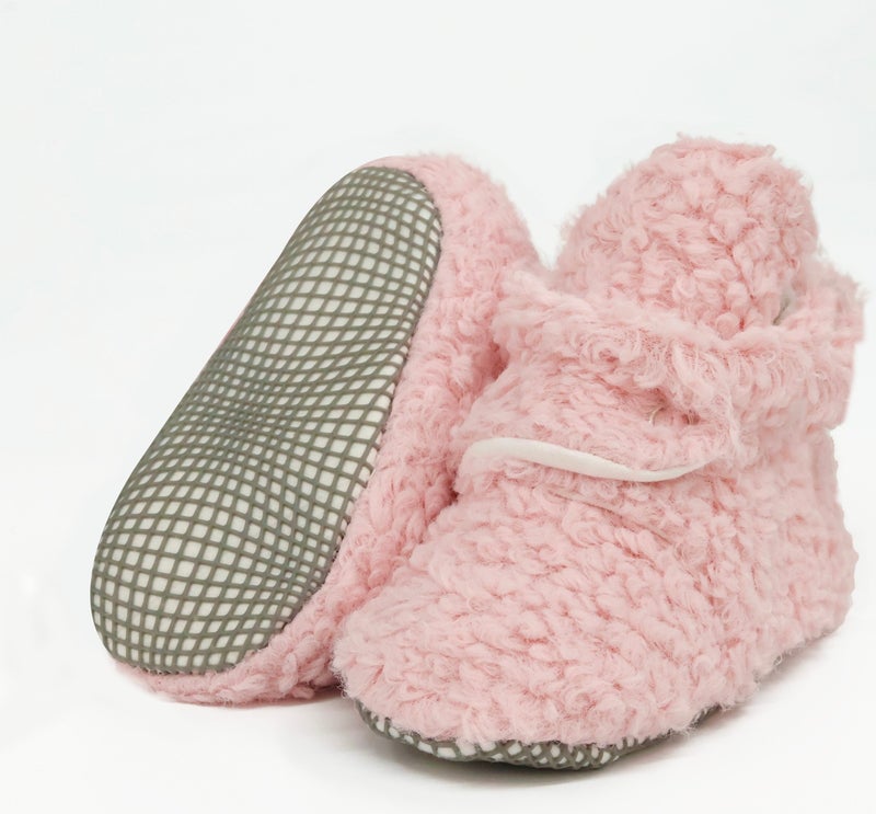 Ella Bonna Teddy Baby Slippers, Non-Slip Sole, Organic Cotton Lining, Home Nursery Shoes, Powder  - Image 1