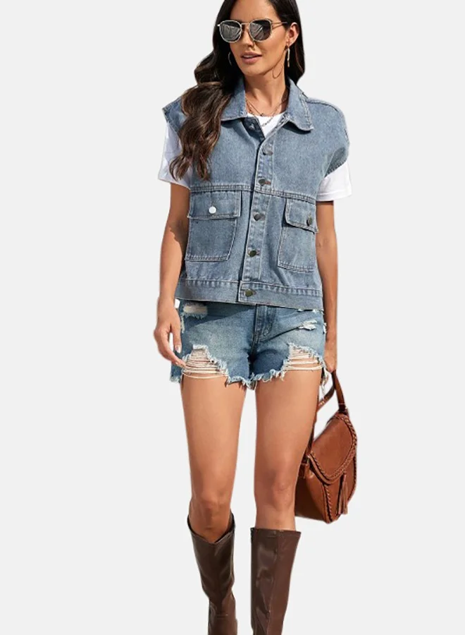 YUNIQEE Blue Hooded Sleeveless Denim Jacket