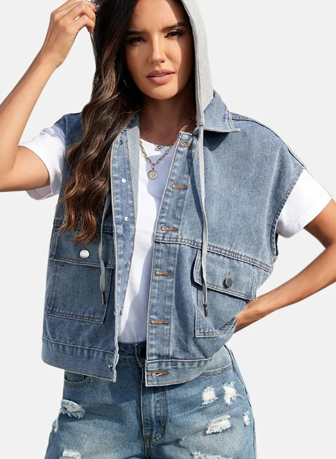 YUNIQEE Blue Hooded Sleeveless Denim Jacket