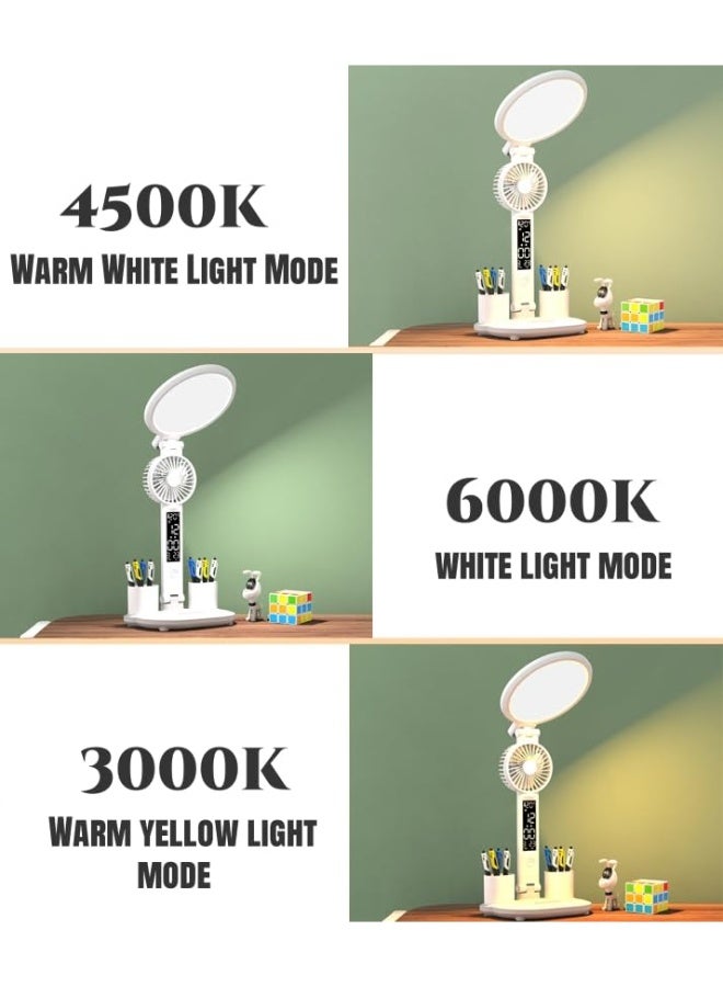 مصباح مكتب LED، مصابيح طاولة LED مع مراوح، العناية بالعين قابلة للطي، التحكم باللمس، شحن USB دائري، 3 درجات حرارة ألوان، قابلة للتعتيم بدون خطوات مع حامل قلم ومروحة - Image 3
