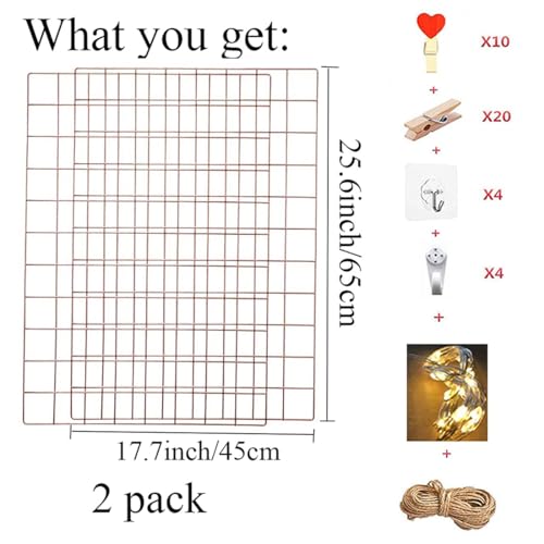 GBYAN Wall Grid 2 Pack Wire Photo Grid Panels Metal Picture Rack Wall Organizer for Memo, Photo Display, 25.6" x17.7 Each Grid Panel - Image 2