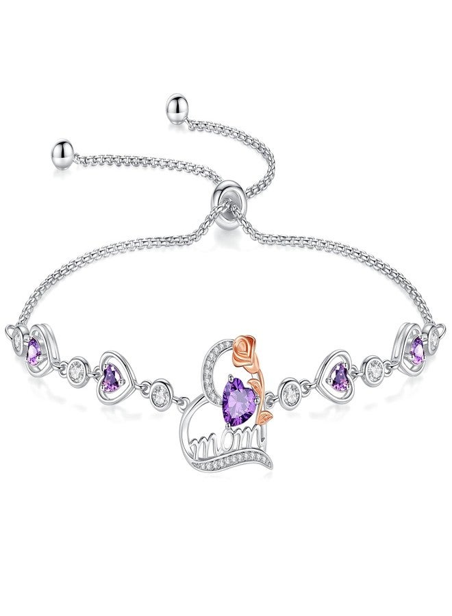 FANCIME Mom Birthstone Bracelet for Women Amethyst Rose Heart Bracelet Mothers Day February Jewelry Gifts for Grandmother Wife, 9 Inches Adjustable - Image 1