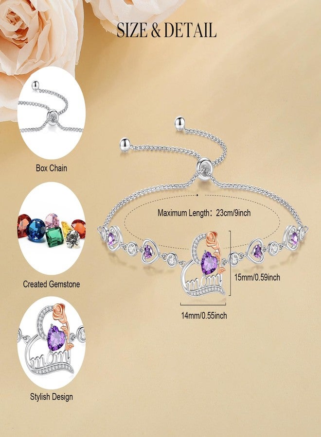 FANCIME Mom Birthstone Bracelet for Women Amethyst Rose Heart Bracelet Mothers Day February Jewelry Gifts for Grandmother Wife, 9 Inches Adjustable - Image 2