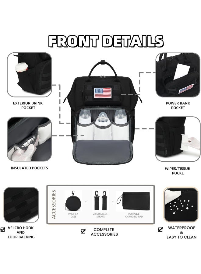 ROSEGIN Diaper Bag Backpack for Dad and Men, Large Travel Baby Bag with Changing Pad, Pacifier Case, Removable Flag Patch - Baby Shower Gifts - Shadow Black - Image 5