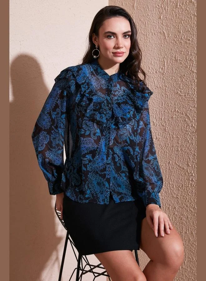 ليلا قميص نسائي بياقة قاضي من الشيفون بقصة قياسية ونقش ليلى