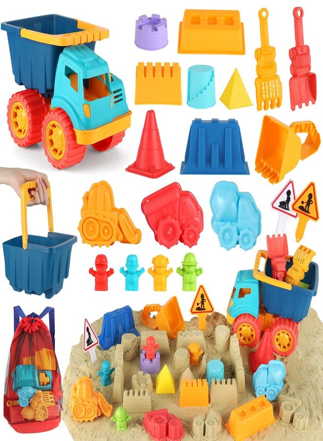 Elovien Beach Sand Toys, Large Dump Truck with Bucket, Sandbox Construction Toy Sand Castle Building Kit with Mesh Bag, Sand Molds, Shovels, Worker Figures, Kids Toddlers Summer Outdoor Travel Toys - Image 1