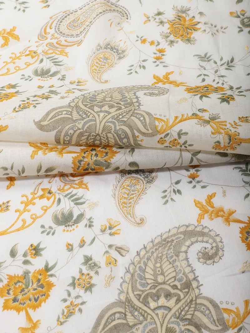 أيه كيه إس Floral Paisley Cotton Fabric - White & Yellow