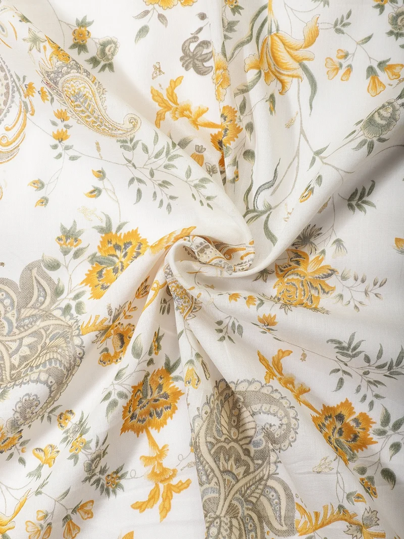 أيه كيه إس Floral Paisley Cotton Fabric - White & Yellow