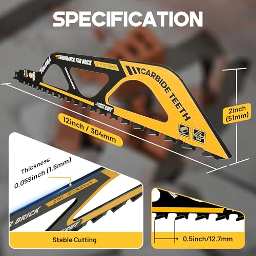TOLESA Demolition Masonry Reciprocating Saw Blades 12-Inch, Carbide Blades for Cutting Aerated Concrete and Hollow Brick, 1 Pack - Image 5