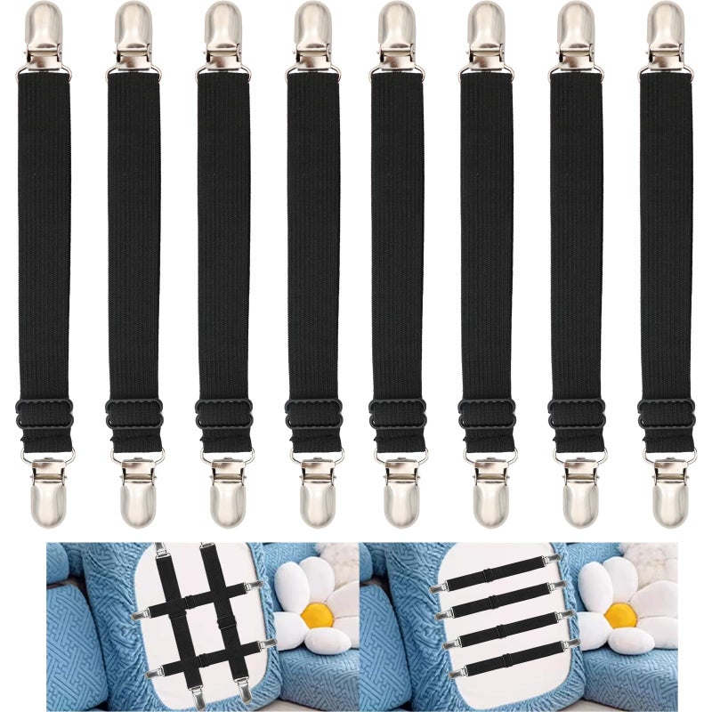 Szuoixe Sofa Cover Holder Straps Suspenders, Sofa Couch Covers Clip Fasteners, Adjustable Elastic Straps for Sofa Seat Recliner Slipcover, Cushion Holders (8, Black) 6-30in/15-75cm - Image 1