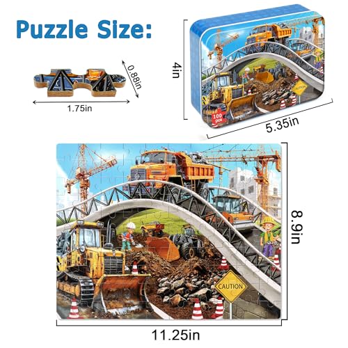 LELEMON Puzzles for Kids Ages 46Construction Site 100 Piece Puzzles for Kids Ages 48 in a Metal BoxEducational Jigsaw Puzzles 100 Piece Puzzle Games Puzzle Toys for Girls and Boys - Image 5