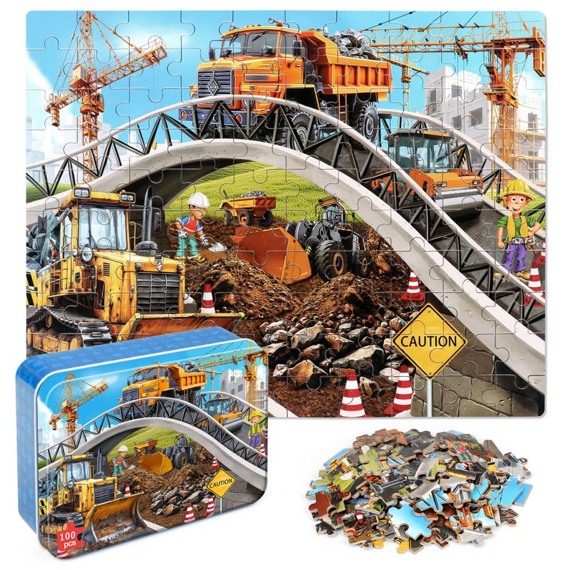 LELEMON Puzzles for Kids Ages 46Construction Site 100 Piece Puzzles for Kids Ages 48 in a Metal BoxEducational Jigsaw Puzzles 100 Piece Puzzle Games Puzzle Toys for Girls and Boys - Image 3