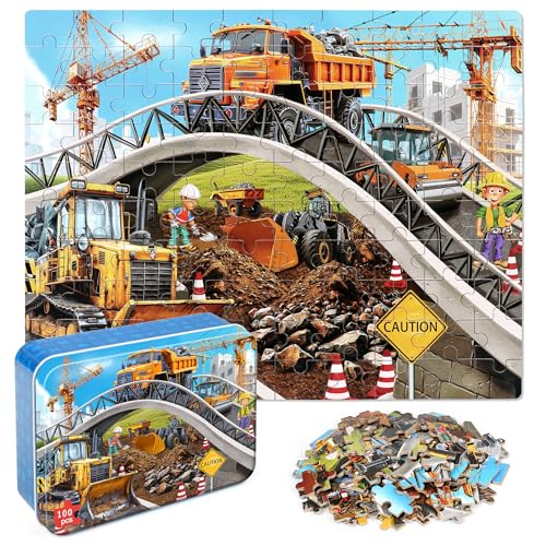 LELEMON Puzzles for Kids Ages 46Construction Site 100 Piece Puzzles for Kids Ages 48 in a Metal BoxEducational Jigsaw Puzzles 100 Piece Puzzle Games Puzzle Toys for Girls and Boys - Image 1