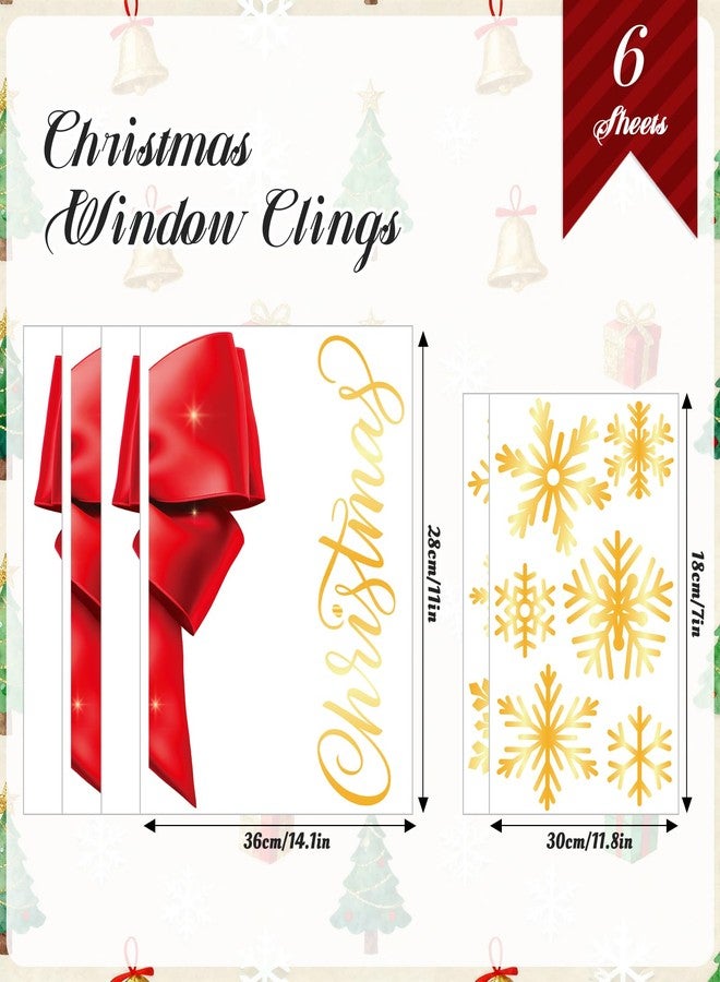 Whaline 6 Sheets Christmas Window Clings Window Decal Large Xmas Red Bow Gold Snowflake Reusable Anti-Collision Windows Decor for Winter Home School Office Party Supplies - Image 5