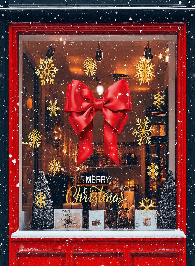 Whaline 6 Sheets Christmas Window Clings Window Decal Large Xmas Red Bow Gold Snowflake Reusable Anti-Collision Windows Decor for Winter Home School Office Party Supplies - Image 2